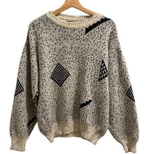 Vintage Sweater Men Large Gray Wool Blend Geometric Knit Pullover Crewneck Italy